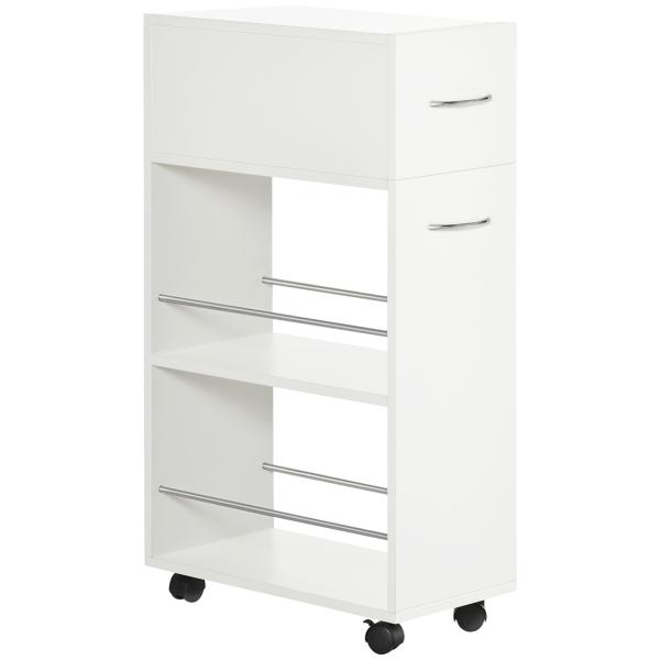 Carrinho de Cozinha com 1 Gaveta e 2 Prateleiras Abertas Carrinho de Cozinha Auxiliar cm Rodas 25x50x85cm Branco