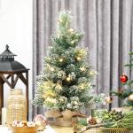 Mini Árvore de Natal Artificial com 35 Luzes LED 60 cm 64 Ramos com Neve Pinha Bagas e Base de Saco de Juta Ø41x60 cm Verde