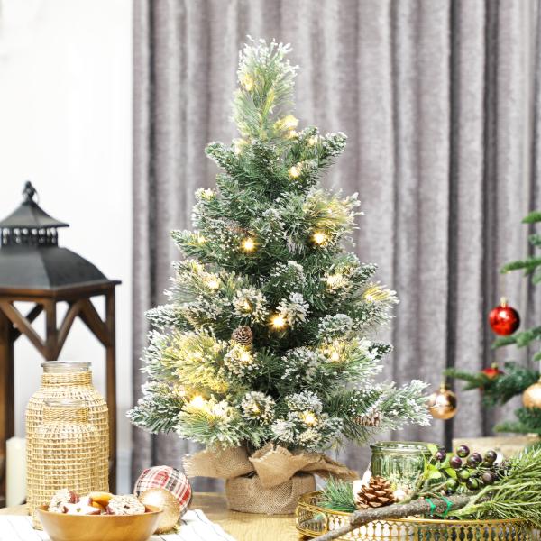 Mini Árvore de Natal Artificial com 35 Luzes LED 60 cm 64 Ramos com Neve Pinha Bagas e Base de Saco de Juta Ø41x60 cm Verde