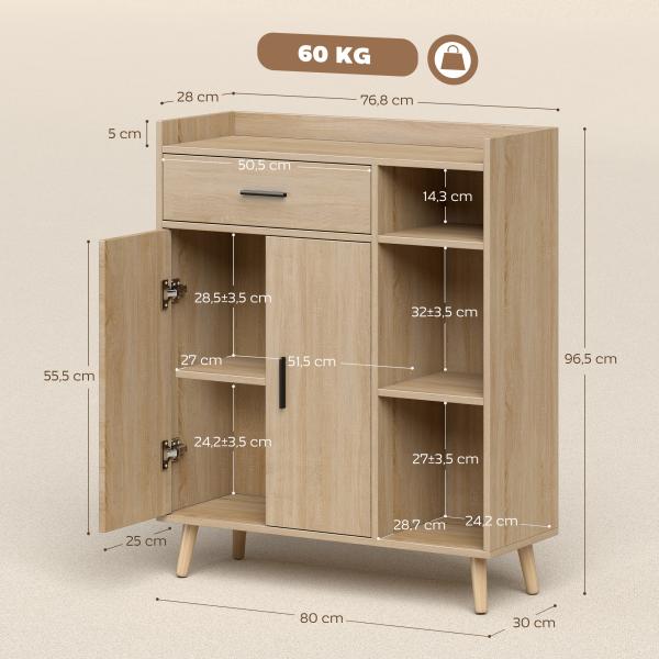 Aparador Moderno com 2 Portas 1 Gaveta e 3 Prateleiras Abertas Aparador Auxiliar de Armazenamento 80x30x96,5cm Madeira