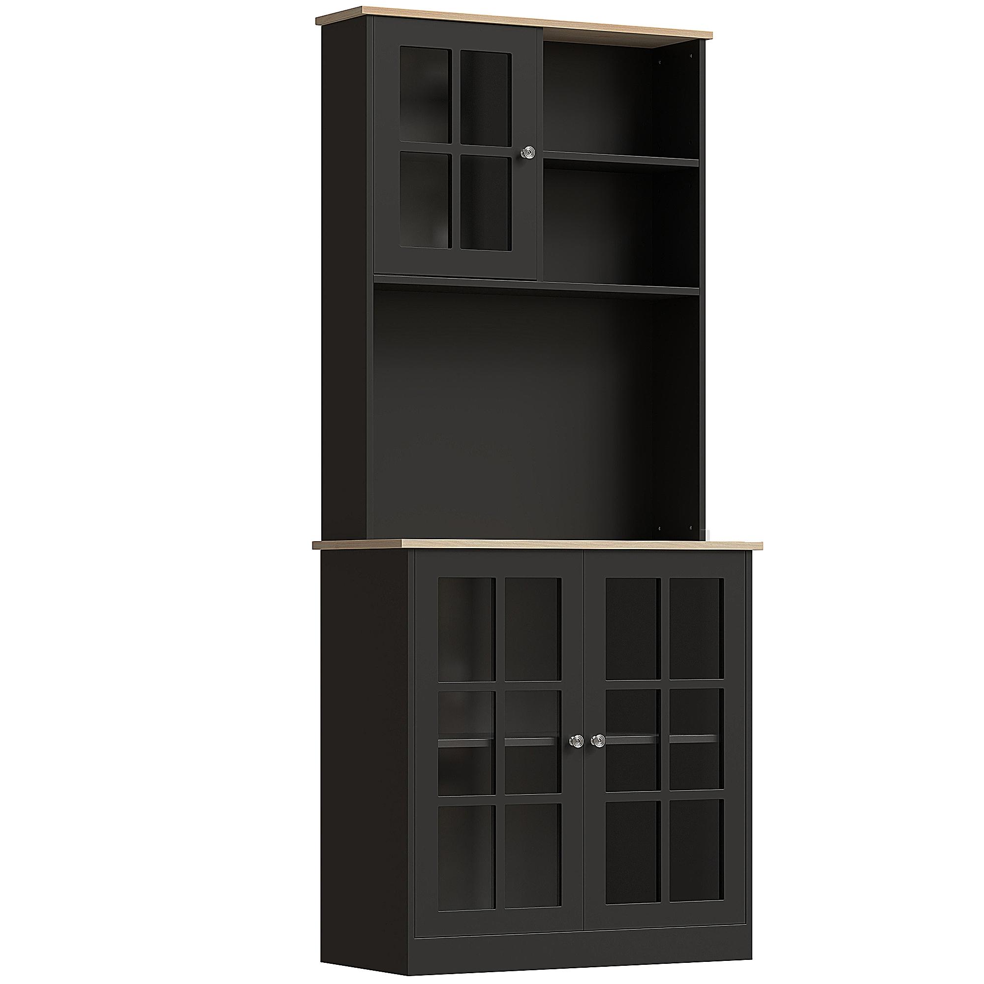 Armário de Cozinha com Prateleiras e Portas de Vidro Armário Alto de Cozinha para Pequenos Eletrodomésticos e Louças 80x37x183 cm Preto