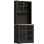 Armário de Cozinha com Prateleiras e Portas de Vidro Armário Alto de Cozinha para Pequenos Eletrodomésticos e Louças 80x37x183 cm Preto