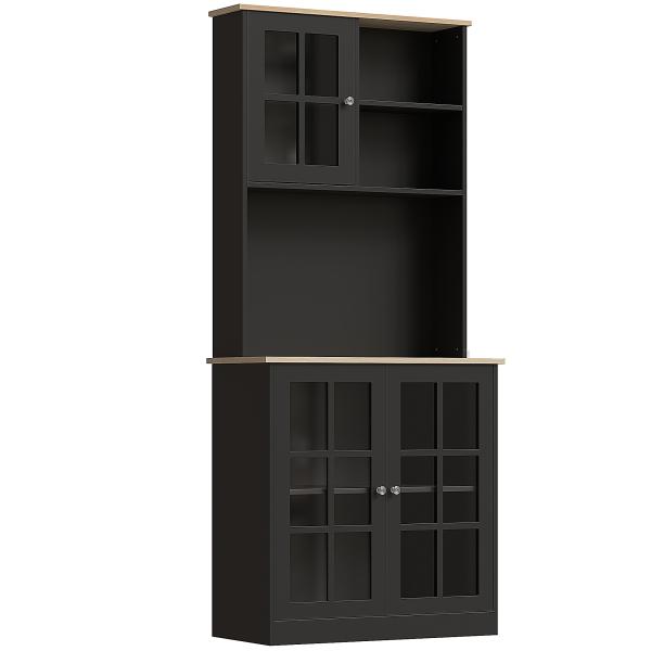 Armário de Cozinha com Prateleiras e Portas de Vidro Armário Alto de Cozinha para Pequenos Eletrodomésticos e Louças 80x37x183 cm Preto