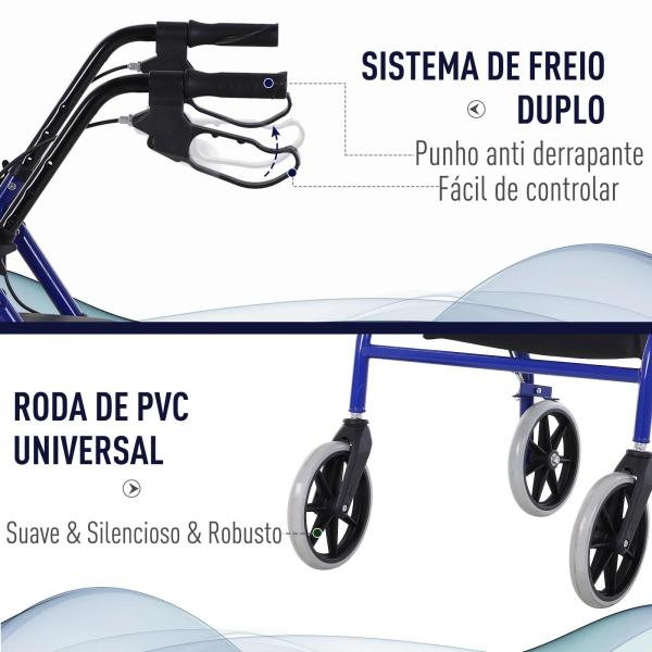 Andador para Adultos Dobrável com Armazenamento Assento e Travão 65x53x79 - 89cm Azul e Preto