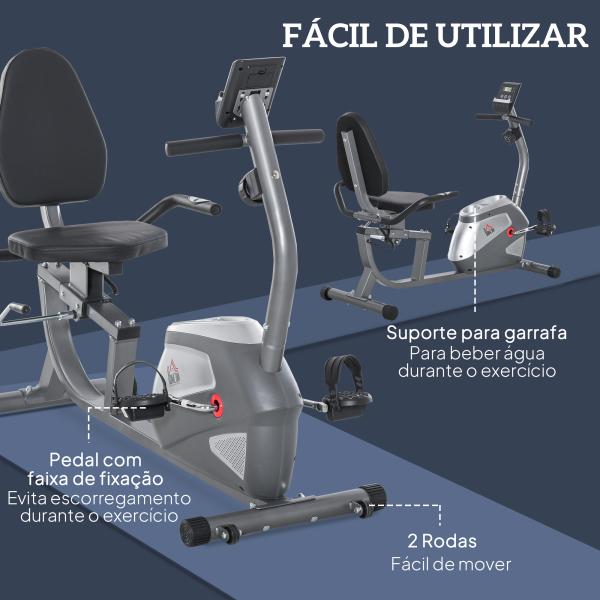 Bicicleta ergométrica reclinável com tela LCD e volante de 3 kg resistência magnética de 8 níveis assento ajustável 121,5 - 136x62,5x98 cm Cinza