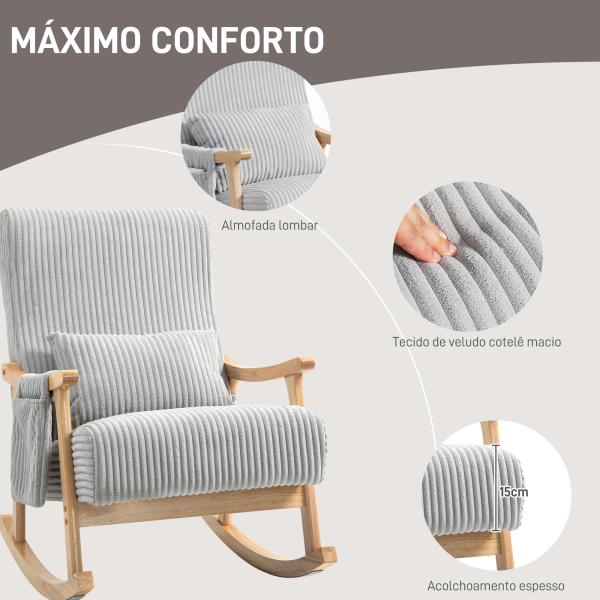 Poltrona Baloiço Moderna em Veludo Cotelê com Apoio para os Braços Almofada Lombar e Bolso Poltrona de Amamentação 65x90x98 cm Cinza