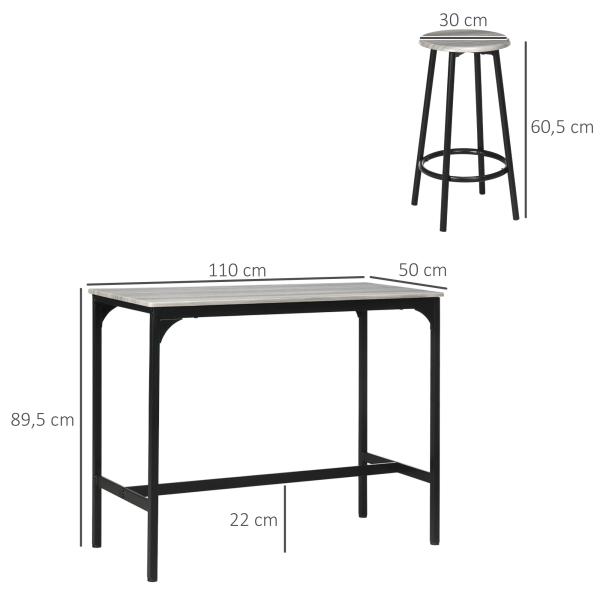 Conjunto de Móveis Altos de Bar com 5 Peças Mesa de Refeição Industrial e 4 Bancos Redondos Cinzento e Preto