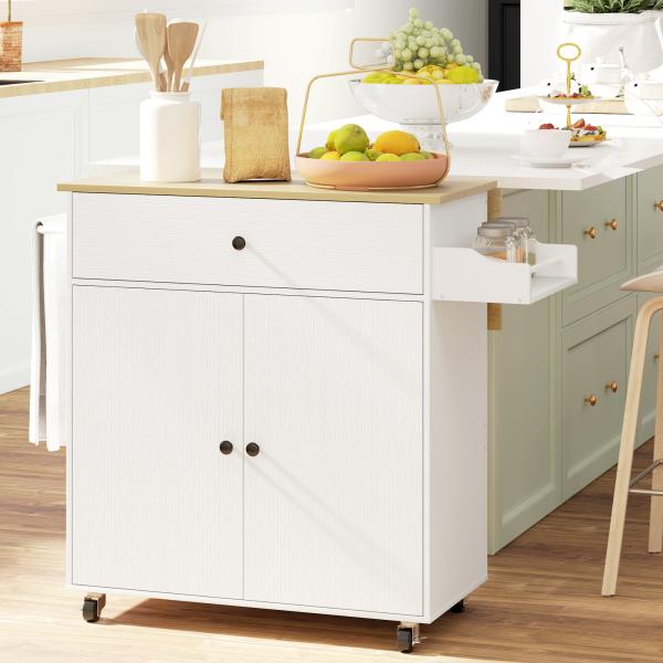 Ilha de Cozinha com Rodas com Lateral Dobrável Gaveta Suporte para Temperos e Prateleira Ajustável 106x42x87 cm Branco e Carvalho