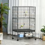 Gaiola para Pássaros com Rodas Bandeja Amovível 4 Portas 4 Comedouros e Prateleira de Armazenamento 78x52x132cm Cinza