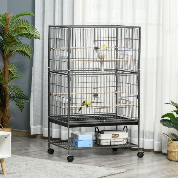 Gaiola para Pássaros com Rodas Bandeja Amovível 4 Portas 4 Comedouros e Prateleira de Armazenamento 78x52x132cm Cinza