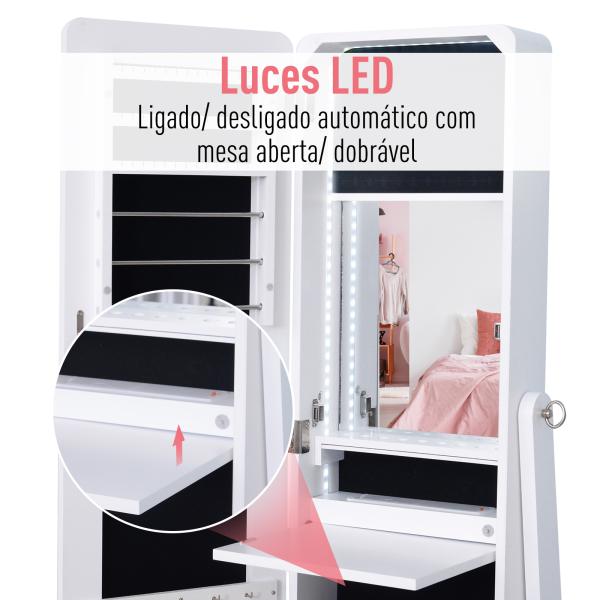 Armário para Joias Luzes LED de luz Reclinável Madeira 30x36x146cm cor Branco