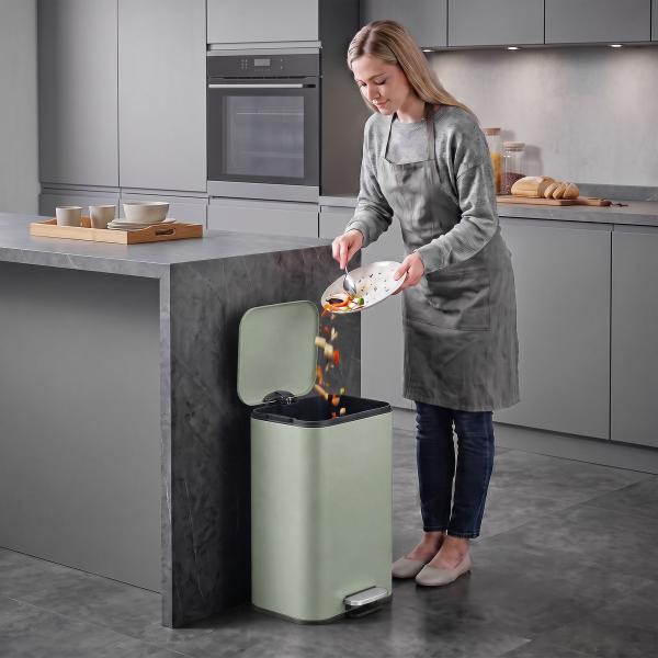 Caixote do Lixo de Cozinha 20 L em Aço Galvanizado com Tampa de Fecho Suave Pedal Balde Removível e Acabamento Anti - impressões Digitais Verde Claro