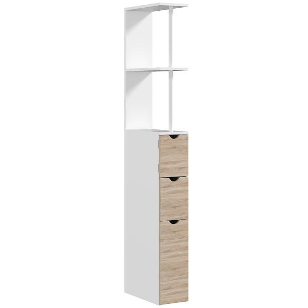 Coluna de Casa de Banho Moderna Auxiliar com 2 Prateleiras, 2 Gavetas e 1 Porta Antiviragem 15x33x136,8 cm Madeira Natural