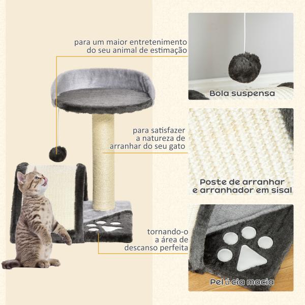 Árvore Arranhador para Gatos de 2 Níveis com Poste e Tapete de Arranhar Cama e Bola Suspensa 35,5x37x46 cm Cinza