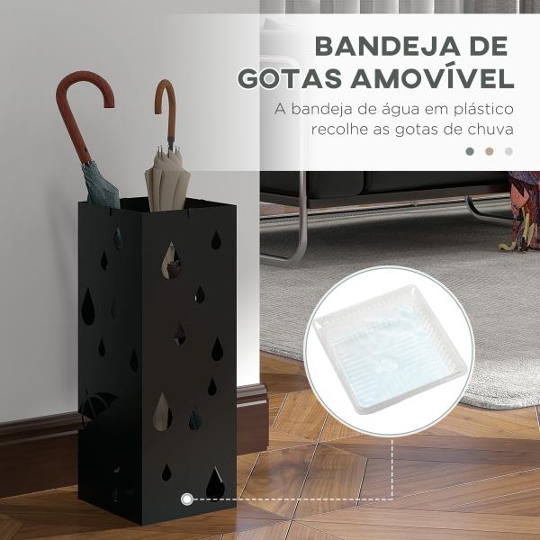 Suporte para Guarda - Chuvas com 4 Ganchos e Bandeja de Gotejamento Amovível Porta Guarda - Chuvas 15,5x15,5x41 cm Preto