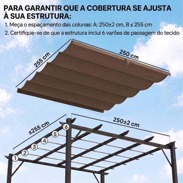 Cobertura para Pérgola 2,5x2,55cm Teto de Substituição Retrátil para Pérgola com 10 Orifícios de Drenagem Café