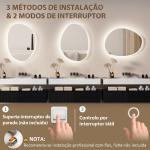 Espelho de Casa de Banho LED 3 Cores de Luz Brilho Regulável Função Anti - Embaciamento Função Memória IP44 70x50 cm Prata