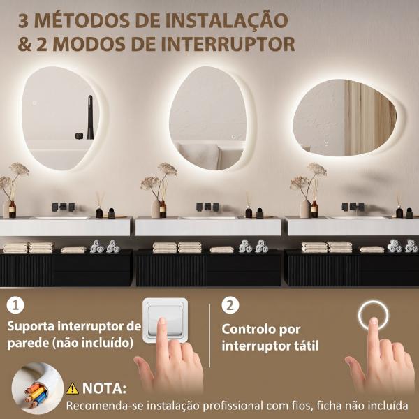Espelho de Casa de Banho LED 3 Cores de Luz Brilho Regulável Função Anti - Embaciamento Função Memória IP44 70x50 cm Prata