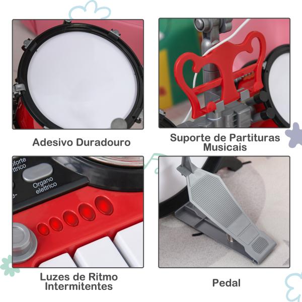 Kit de Bateria Infantil para Crianças Acima de 3 Anos com Tamborete Microfone Pratos Teclado e Vários Efeitos de DJ 77,5x40x76,5 cm Vermelho