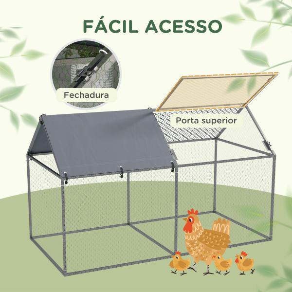 Gaiola para Pequenos Animais de Aço com 1 Porta Superior e Cobertura Anti - UV para Exterior Jardim 198x100x120 cm Prata