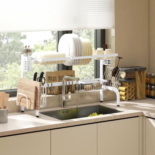 Escorredor de Louça de Aço de 2 Níveis com Prateleira para Pratos Suporte para Facas e Talheres 100x30x54,5 cm Branco