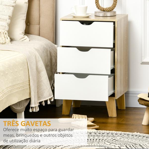 Mesa de Cabeceira com 3 Gavetas para Dormitório Sala de Estar Estilo Moderno Anti - Tombo 40x35x68,5cm Madeira e Branco