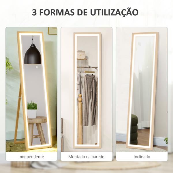 Espelho de Pé com Luz LED 40x160 cm Espelho de Corpo Inteiro com Iluminação de 3 Cores Tátil Função de Memória Madeira
