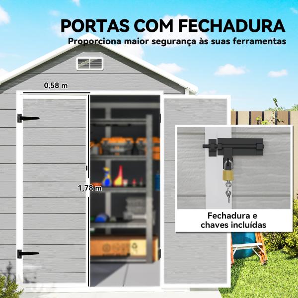 Abrigo de Jardim em Resina 182x151x219 cm com Piso Janela Ventilação Portas Duplas Cinzento