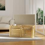 Baú de Arrumação para Dormitório 122L Estofado em Linho Sintético com Almofada Estrutura de Bambu 90x42x43 cm Cinza e Madeira