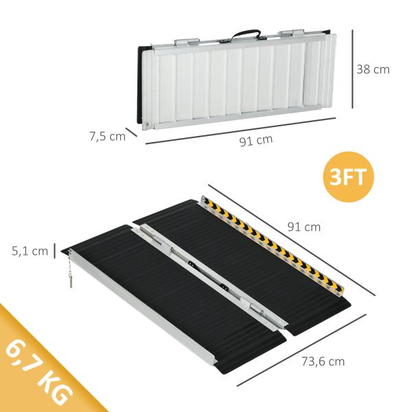 Rampa para Cadeira de Rodas Dobrável Portátil com Autocolantes Reflectores Carga 272 kg 91x73,6x5,1 cm Preto