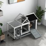 Coelheira de Madeira com Rodas para 1 - 2 Coelhos com Teto Abatível Bandeja Amovível 108x58x73,5 cm Cinza e Branco