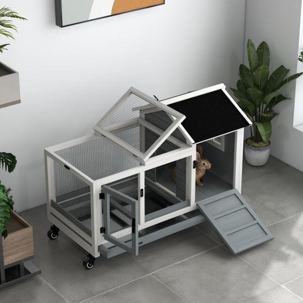 Coelheira de Madeira com Rodas para 1 - 2 Coelhos com Teto Abatível Bandeja Amovível 108x58x73,5 cm Cinza e Branco