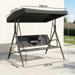 Baloiço de Jardim Exterior de 3 Lugares com Toldo Reclinável Assento Respirável e Estrutura de Aço 175x118x159 cm Preto
