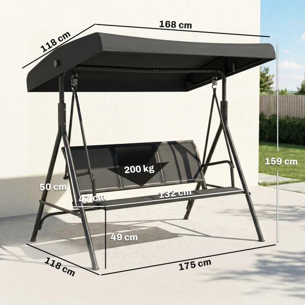 Baloiço de Jardim Exterior de 3 Lugares com Toldo Reclinável Assento Respirável e Estrutura de Aço 175x118x159 cm Preto