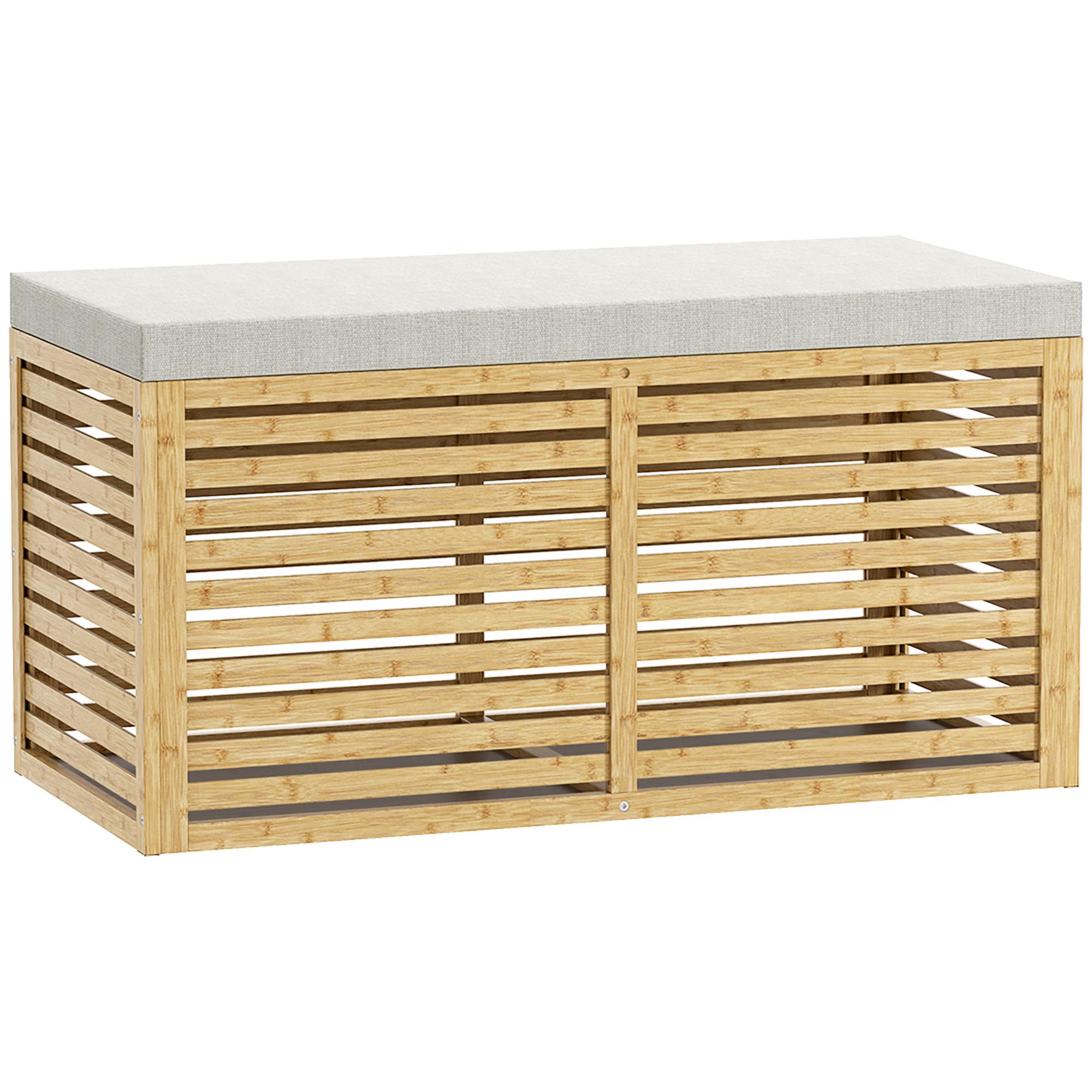 Baú de Arrumação para Dormitório 122L Estofado em Linho Sintético com Almofada Estrutura de Bambu 90x42x43 cm Cinza e Madeira