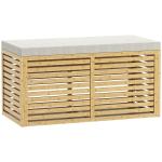 Baú de Arrumação para Dormitório 122L Estofado em Linho Sintético com Almofada Estrutura de Bambu 90x42x43 cm Cinza e Madeira