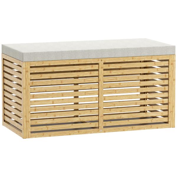 Baú de Arrumação para Dormitório 122L Estofado em Linho Sintético com Almofada Estrutura de Bambu 90x42x43 cm Cinza e Madeira