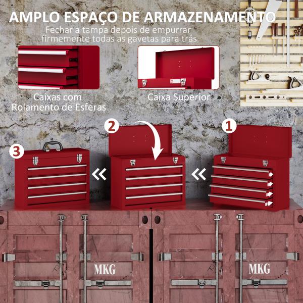 Caixa de Ferramentas de Aço com 2 Gavetas Fechaduras Metálicas Mala de Ferramentas Portátil 51x22x39,5 cm Vermelho