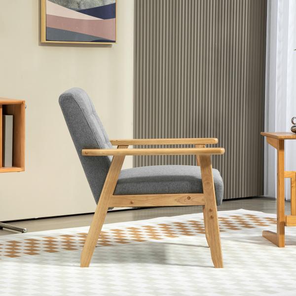 Poltrona Sala de Estar Estofada em Linho com Apoio para os Braços e Estrutura de Madeira de Borracha 64x75x76 cm Cinza Claro