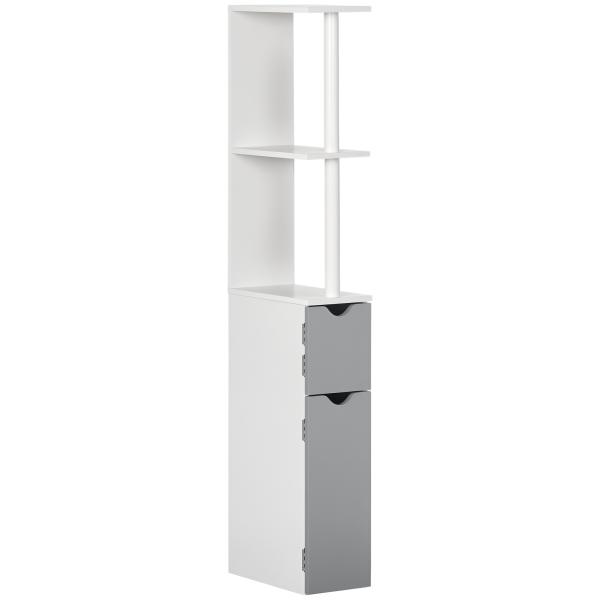 Coluna Casa de Banho com 2 Portas e 2 Prateleiras Abertas Estilo Moderno 15,2x29,8x118cm Branco e Cinza