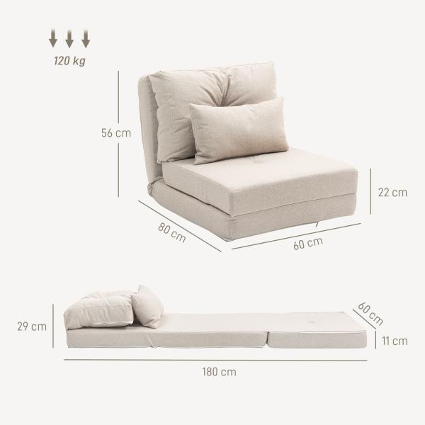 Sofá - Cama Individual Dobrável Estofado em Linho com Encosto Ajustável 5 Posições e 1 Almofada Bege