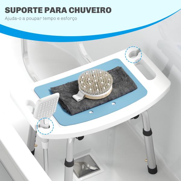 Cadeira de Duche para Idosos com Encosto e Altura Ajustável em 6 Níveis, Carga Máxima de 136 kg Azul Claro e Branco