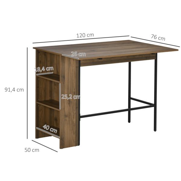 Mesa de Bar Extensível Mesa de Bistrô com 3 Prateleiras de Armazenamento e Estrutura de Metal 120x76x91,4cm Marrom