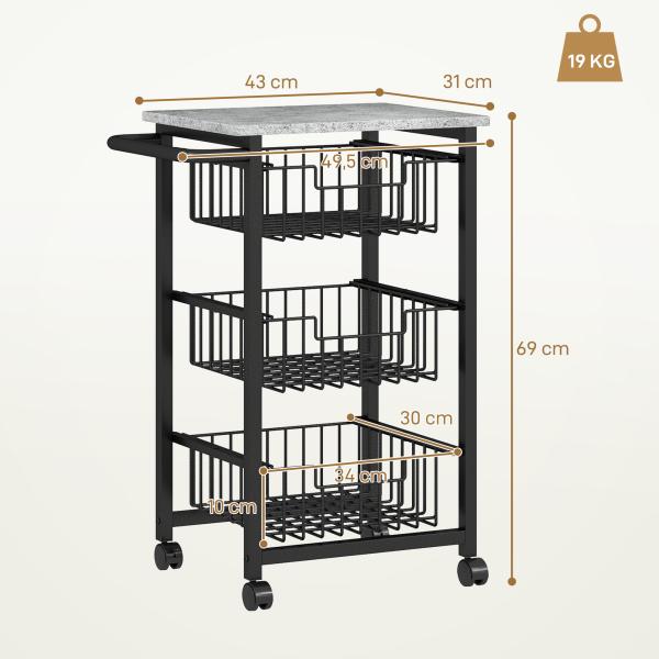 Fruteira para Cozinha Carrinho de Cozinha com 3 Cestas e Estrutura de Aço 49,5x31x69 cm Cinza Claro