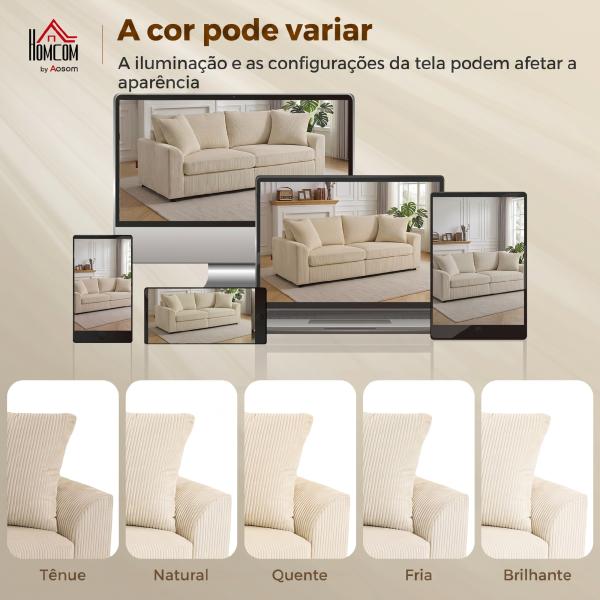 Sofá de 3 Lugares Moderno 212x80x88 cm Sofá Sala de Estar Estofado com 2 Almofadas Apoio de Braços e Estrutura de Aço Creme