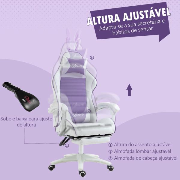 Cadeira Gaming Giratória de Couro PU com Altura Ajustável Inclinável 135° Apoio para a Cabeça 65x63x136 - 142 cm Branco e Roxo