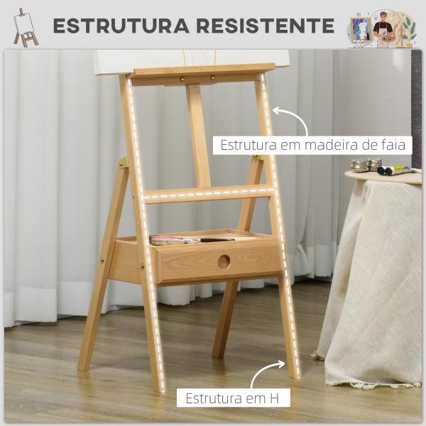 Cavalete de Pintura para Telas de Até 92 cm com Gaveta Altura Ajustável e Estrutura em H 43,5x43x150 - 190 cm Madeira