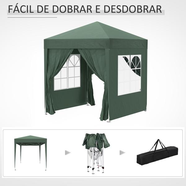 Tenda Dobrável 2x2 m Tenda de Jardim com 4 Paredes Laterais Tecido Oxford 2 Portas 2 Janelas e Bolsa de Transporte para Exterior Terraço Campismo Festas Verde