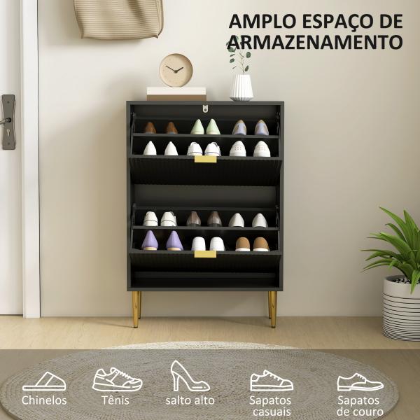 Sapateira Estreita com 2 Portas Caneladas e Prateleiras Ajustáveis para 12 Pares de Sapatos, 60x24x91,5 cm, Preto