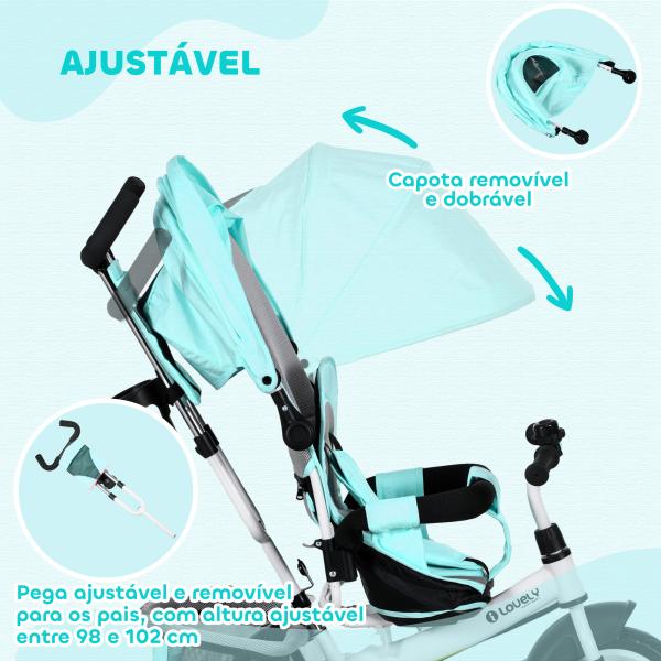Triciclo para Bebés 2 em 1 de +12 Meses com Capota Dobrável Guiador Telescópico e Removível Bolsa e Porta - Garrafas Verde Água